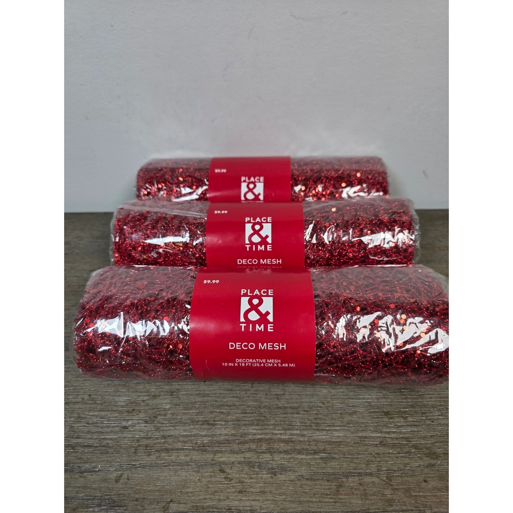 Lot of Three (3) Rolls Red Glitter Deco Mesh Place & Time Holiday Crafts NEW
